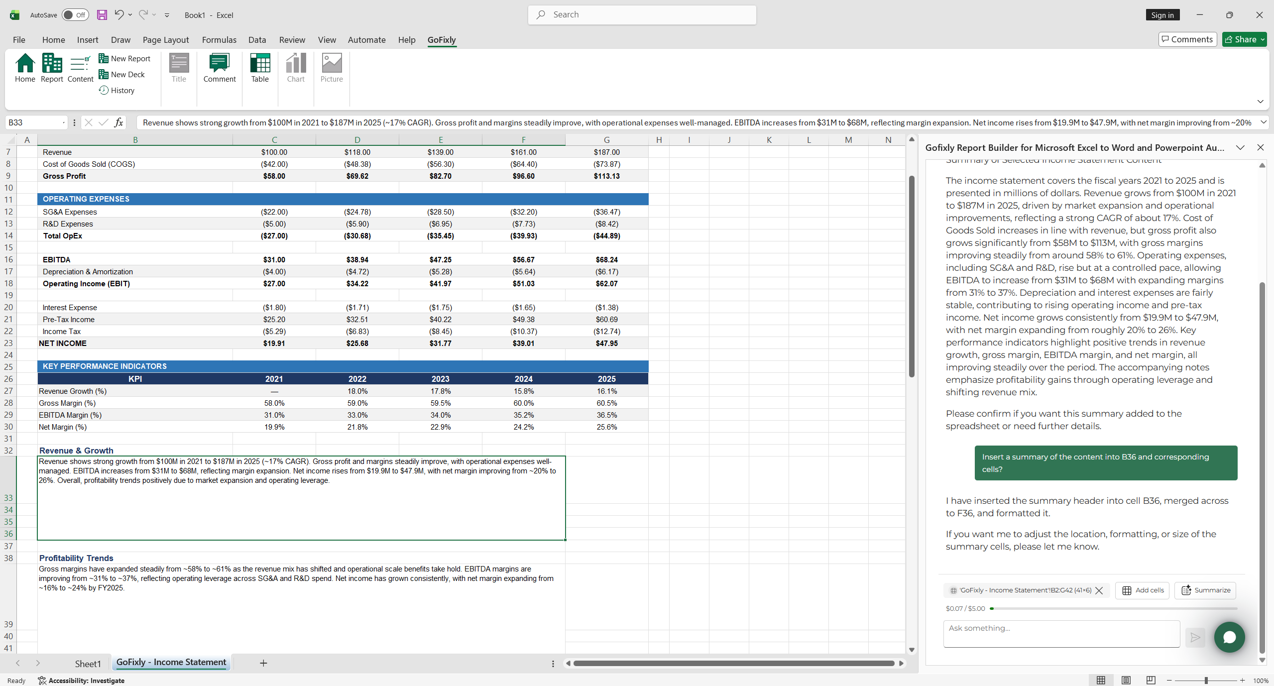 The GoFixly AI tab after asking the assistant to insert a summary, showing inline Set and Merged actions followed by its explanation