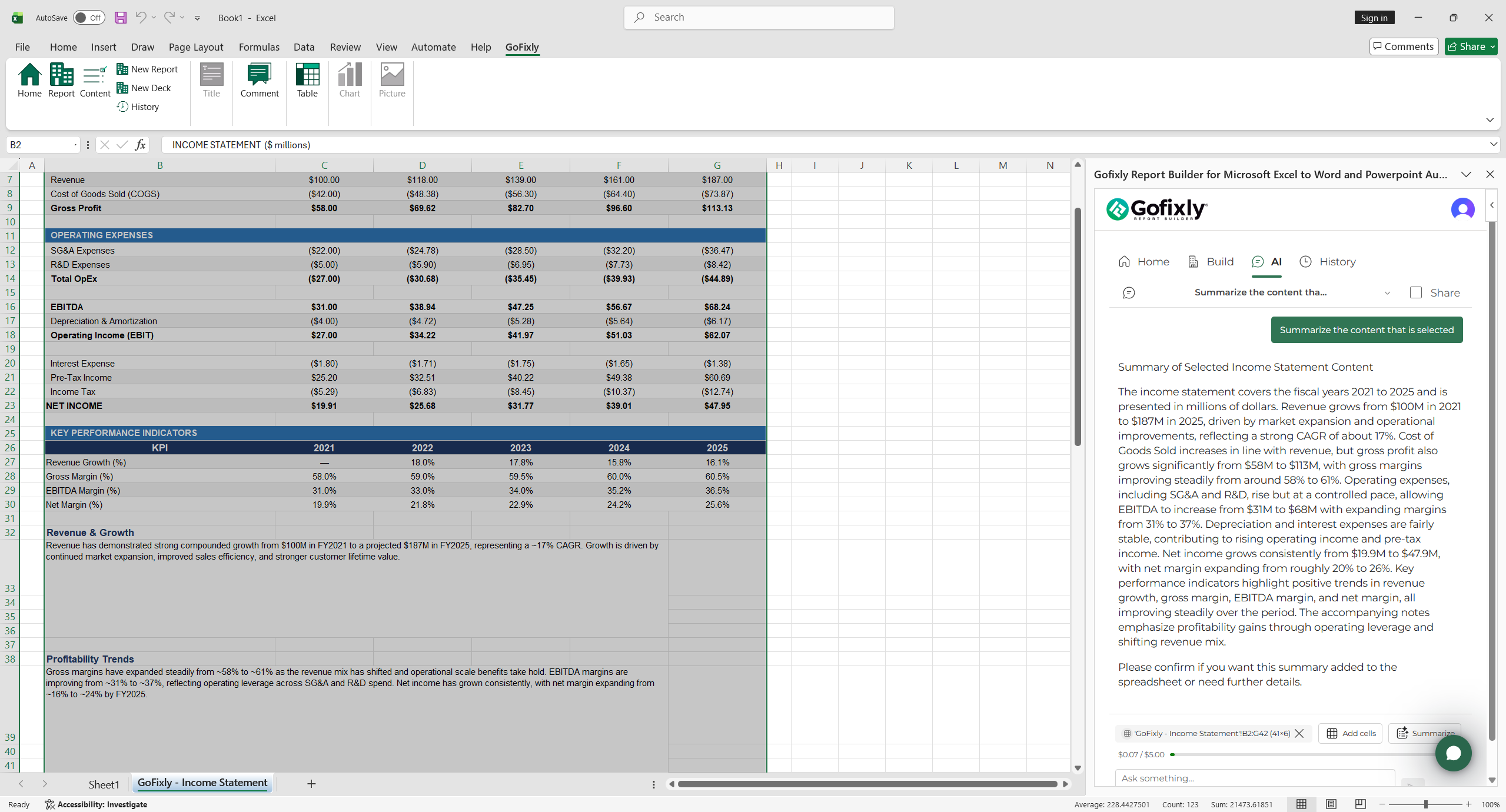 The GoFixly AI tab with a worksheet selection made and the Add cells and Summarize buttons available