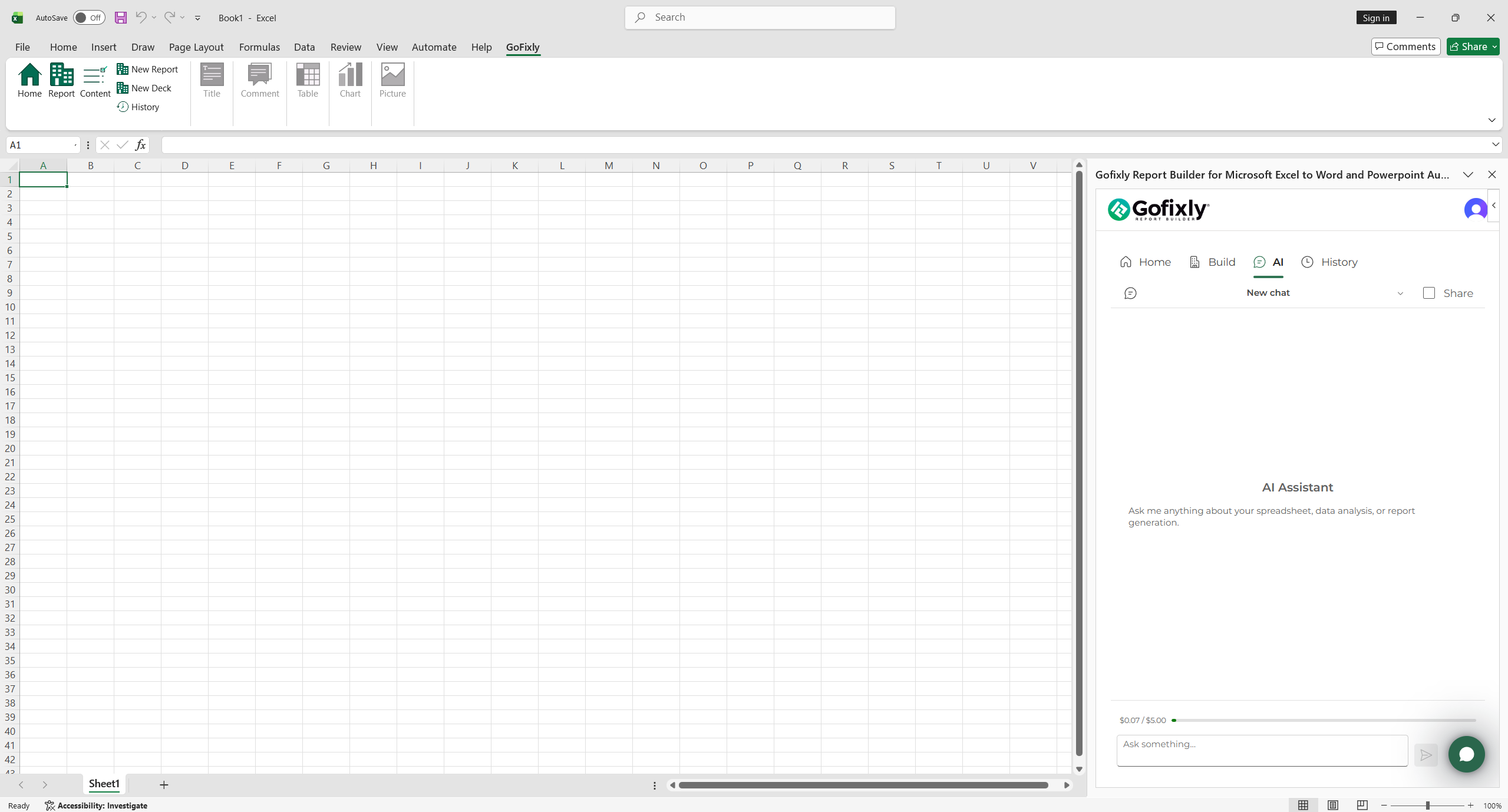 The GoFixly AI tab's empty state, reading 'Ask me anything about your spreadsheet, data analysis, or report generation.'