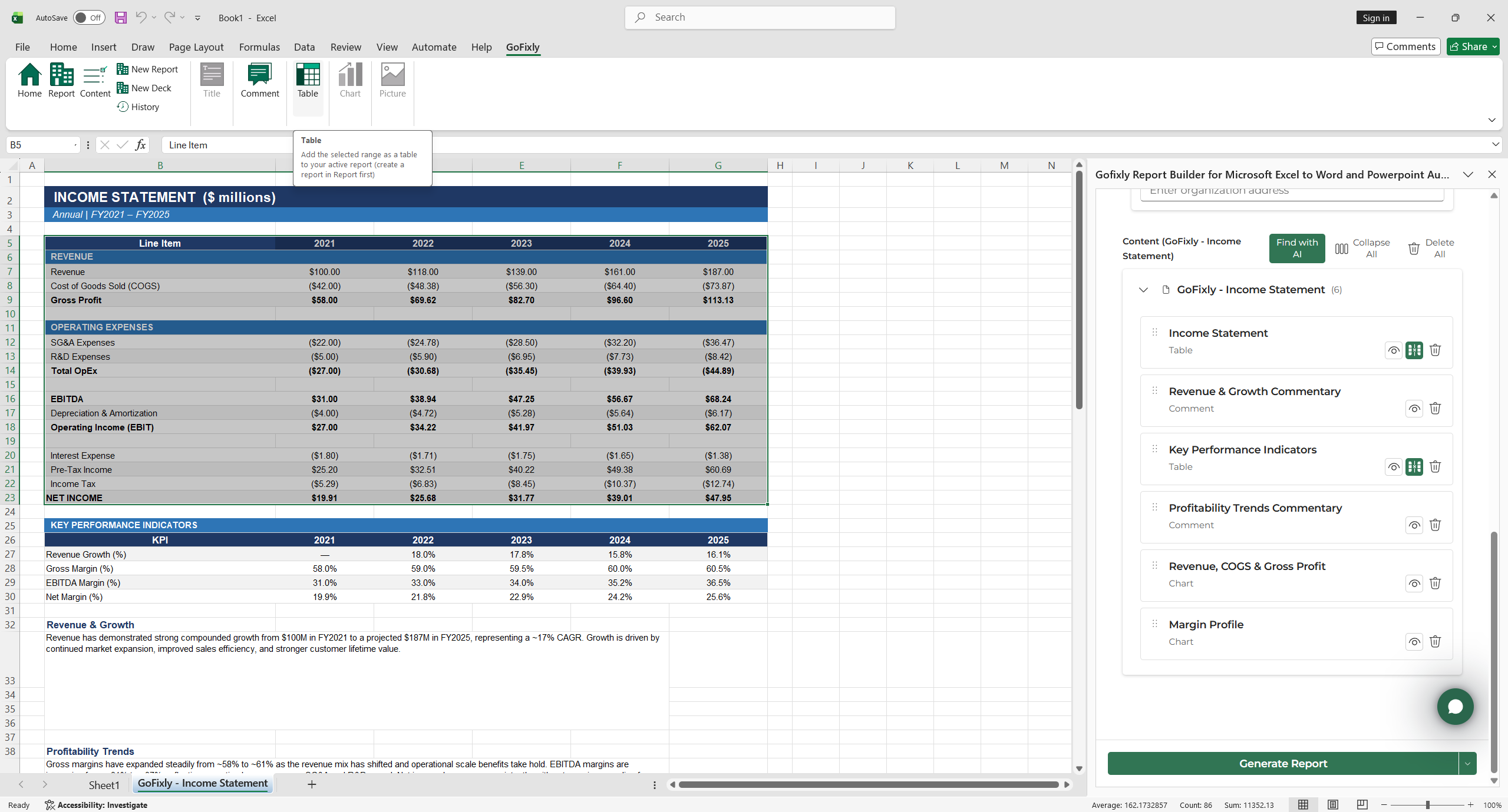 The GoFixly Build tab's Content section listing a Title, Comment, and Table added from an Income Statement worksheet, with the Find with AI button above