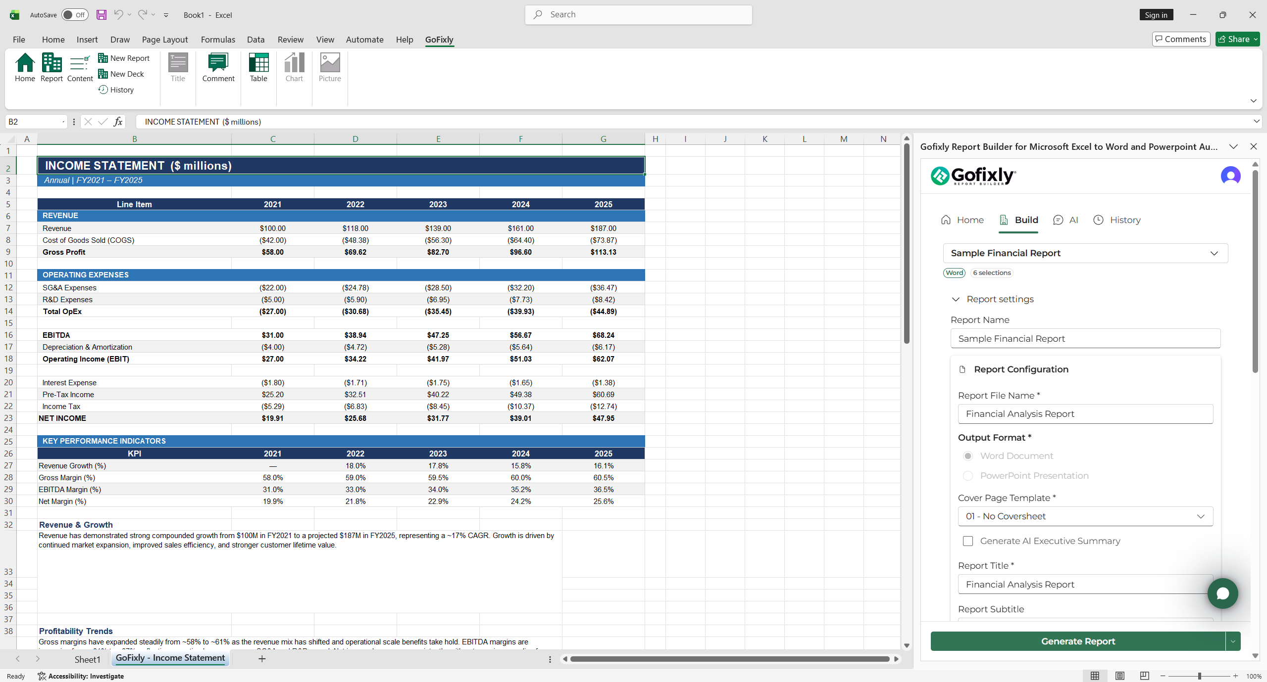 The GoFixly Report settings panel expanded, showing Report Name, Report Configuration, Report File Name, and Output Format fields