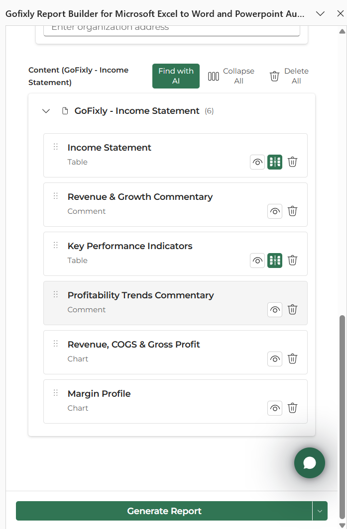 The GoFixly Build tab's AI Suggestions panel, listing an Income Statement Title and Subtitle suggestion with confidence scores and Apply buttons
