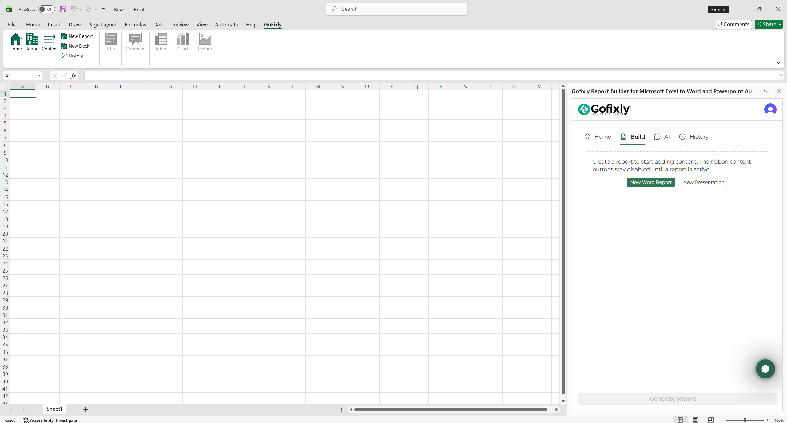 The GoFixly Build tab with a newly created, empty Word report