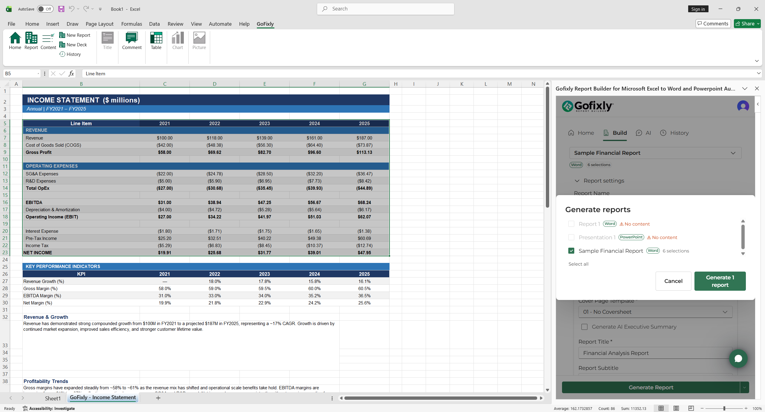 The Generate reports dialog with checkboxes for two Word reports and two PowerPoint presentations, and a Generate 2 reports button