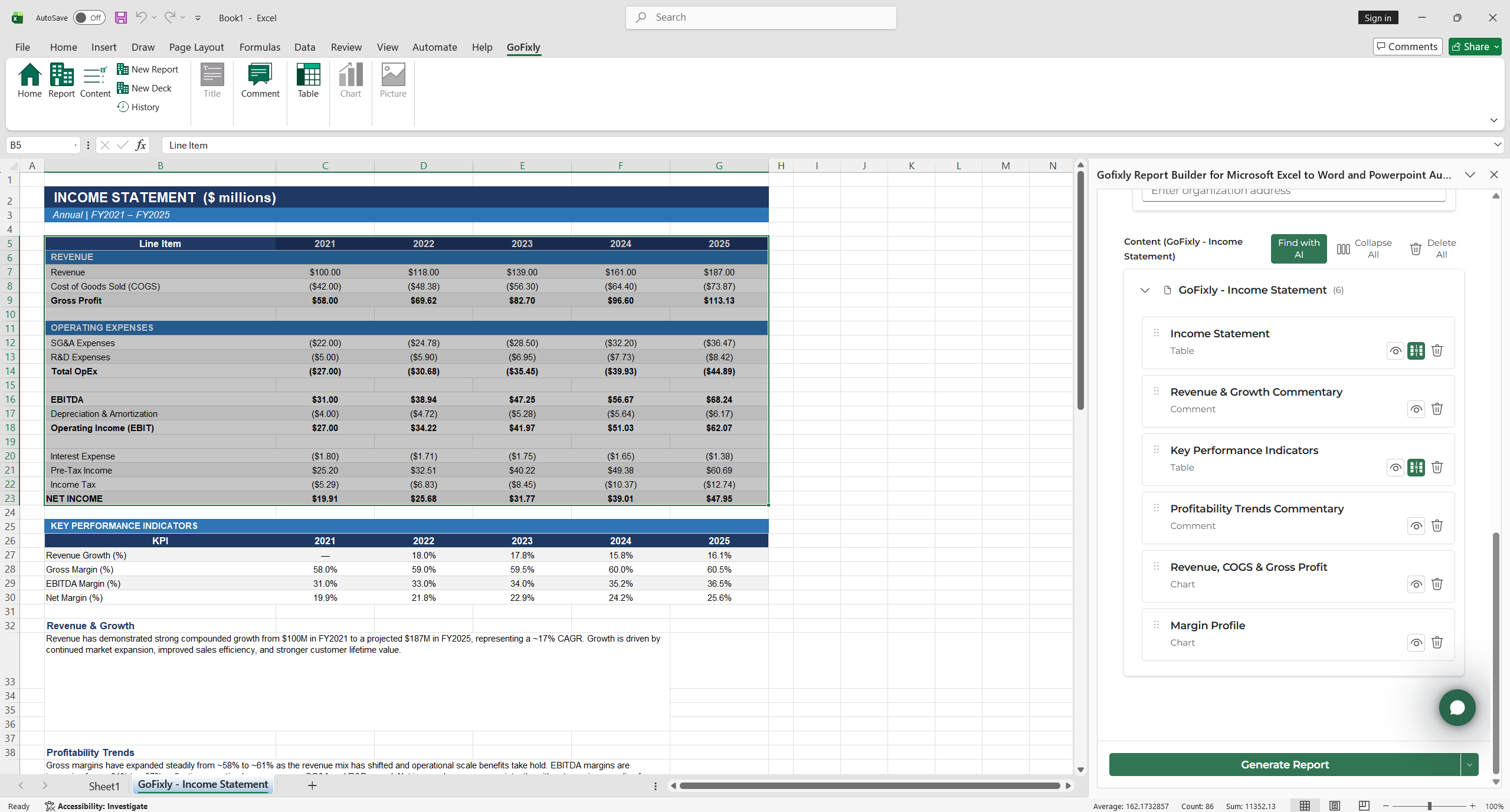The GoFixly Build tab scrolled to the bottom of a long content list, with the Generate Report button active