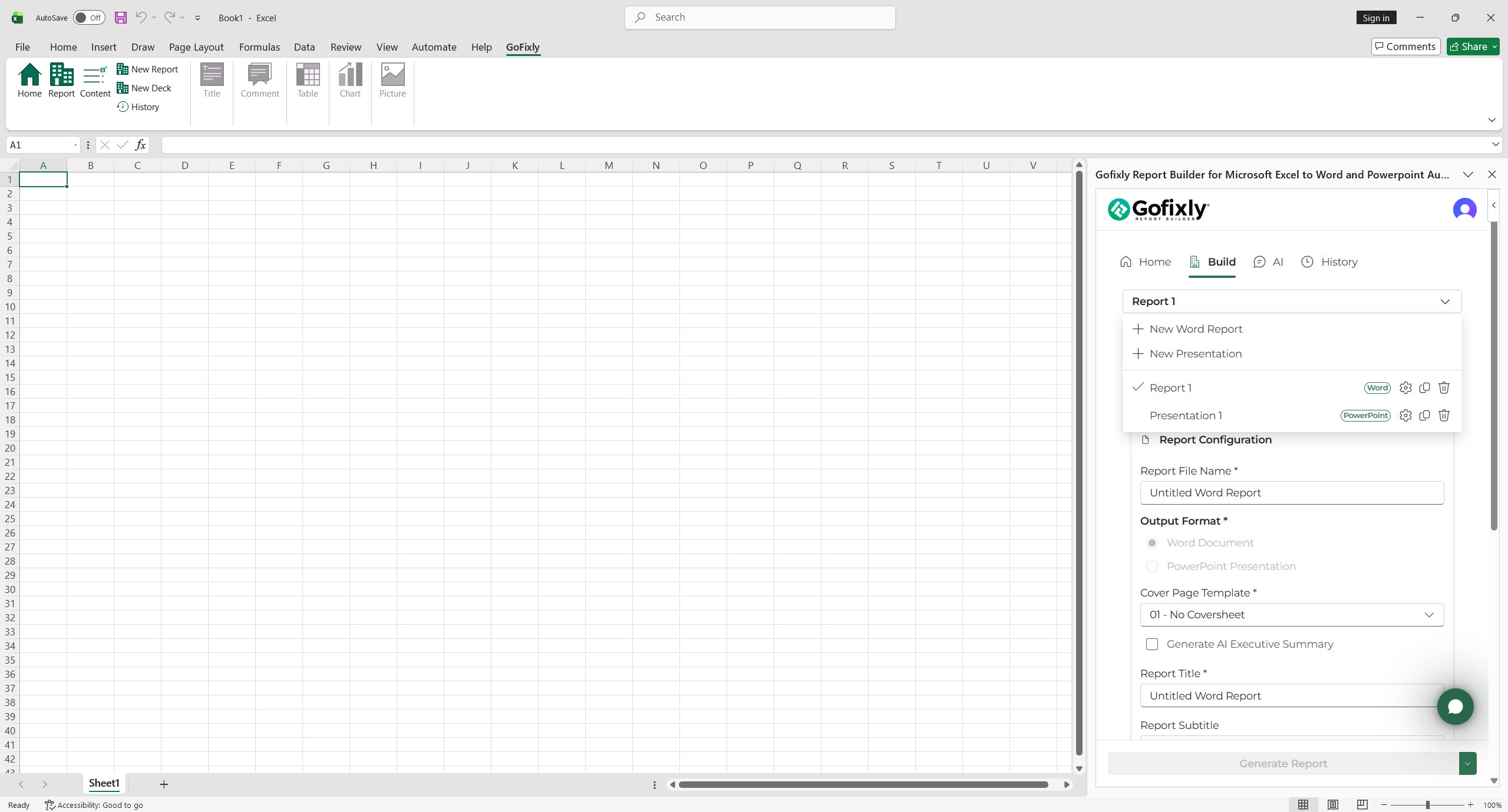 The GoFixly report switcher dropdown open, listing two Word reports and two PowerPoint presentations