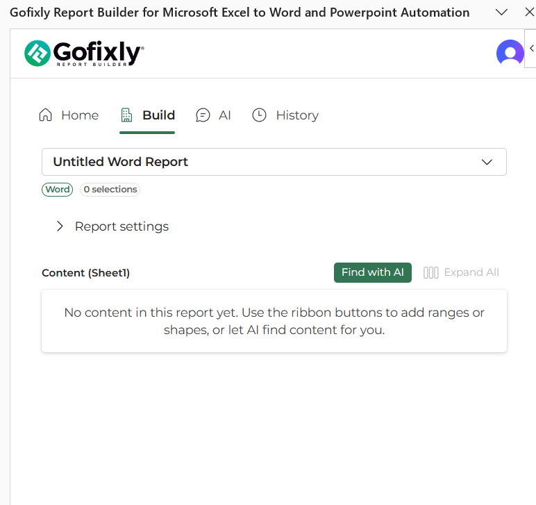 The GoFixly Build tab with a newly created, empty Word report