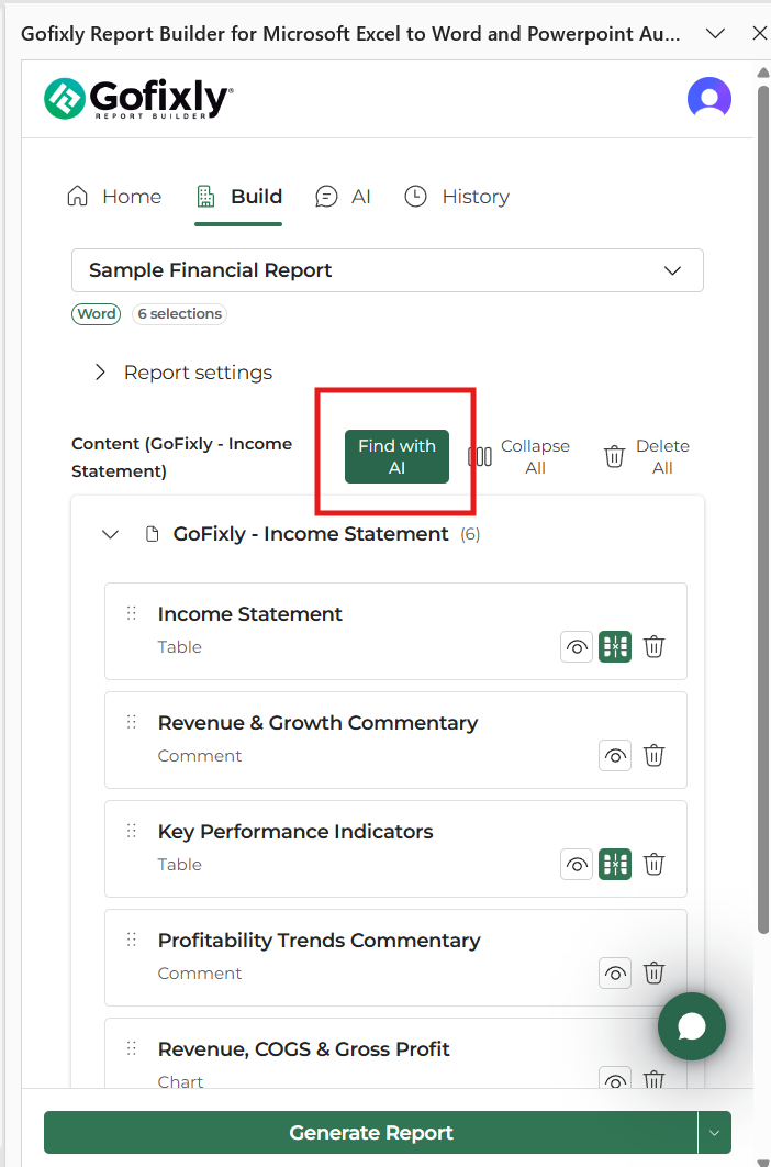 The GoFixly Build tab's Content section with the Find with AI button next to a table item added to the report