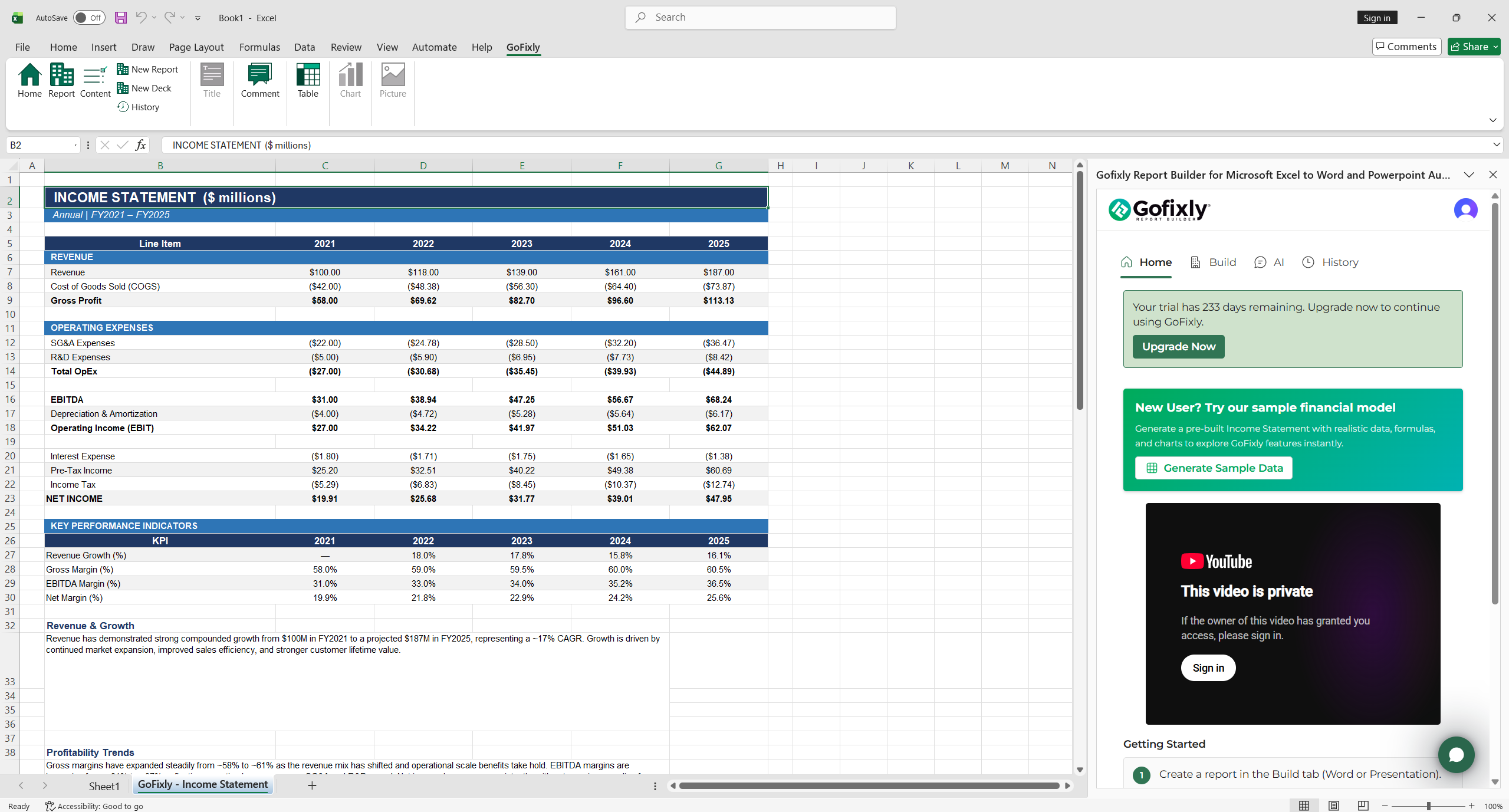 An Excel workbook with a generated GoFixly - Income Statement worksheet, showing revenue, operating expenses, and EBITDA line items