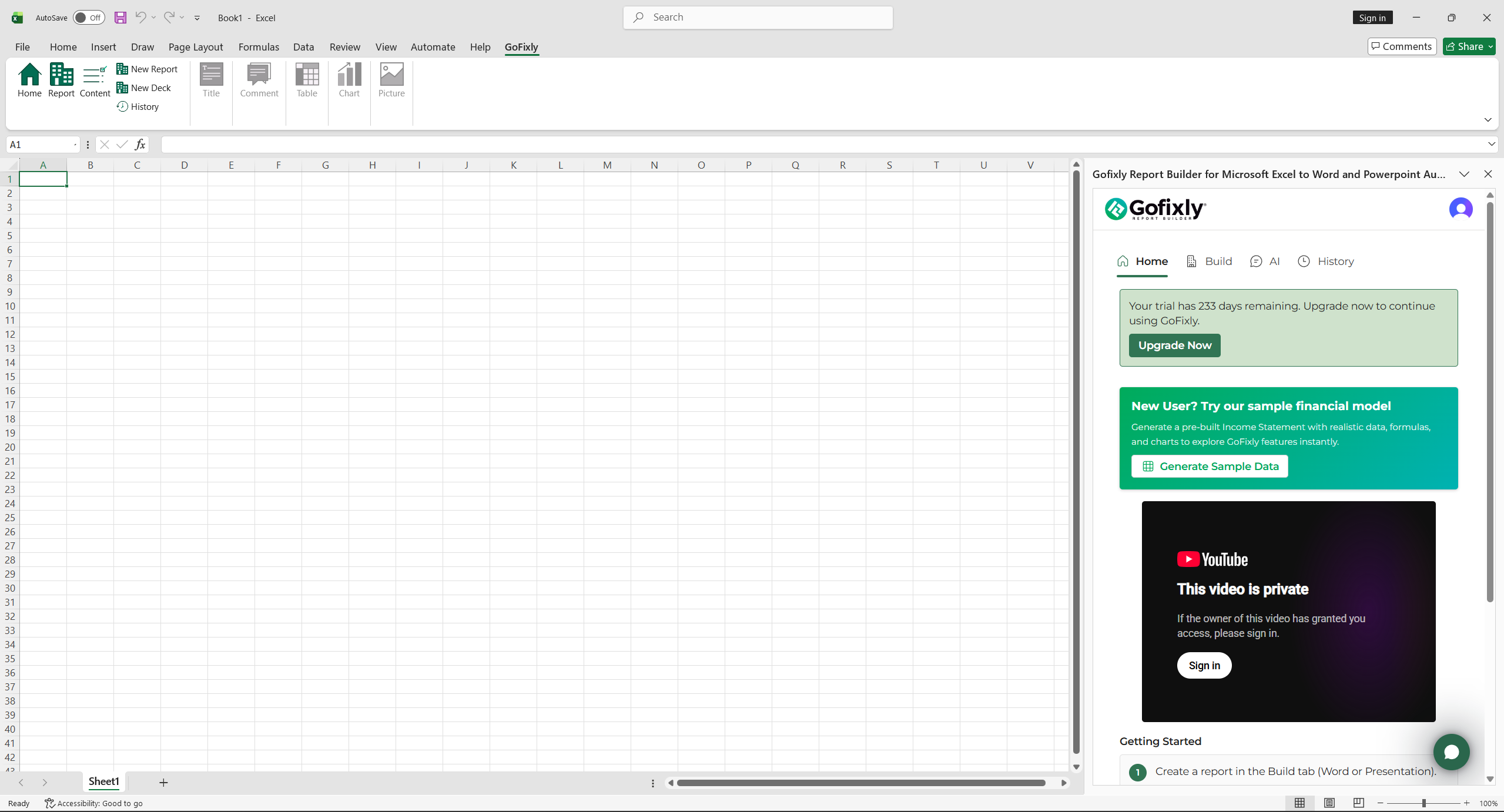 The GoFixly Home tab in the Excel task pane, showing the Start Free Trial banner and sample data generator before sign-in