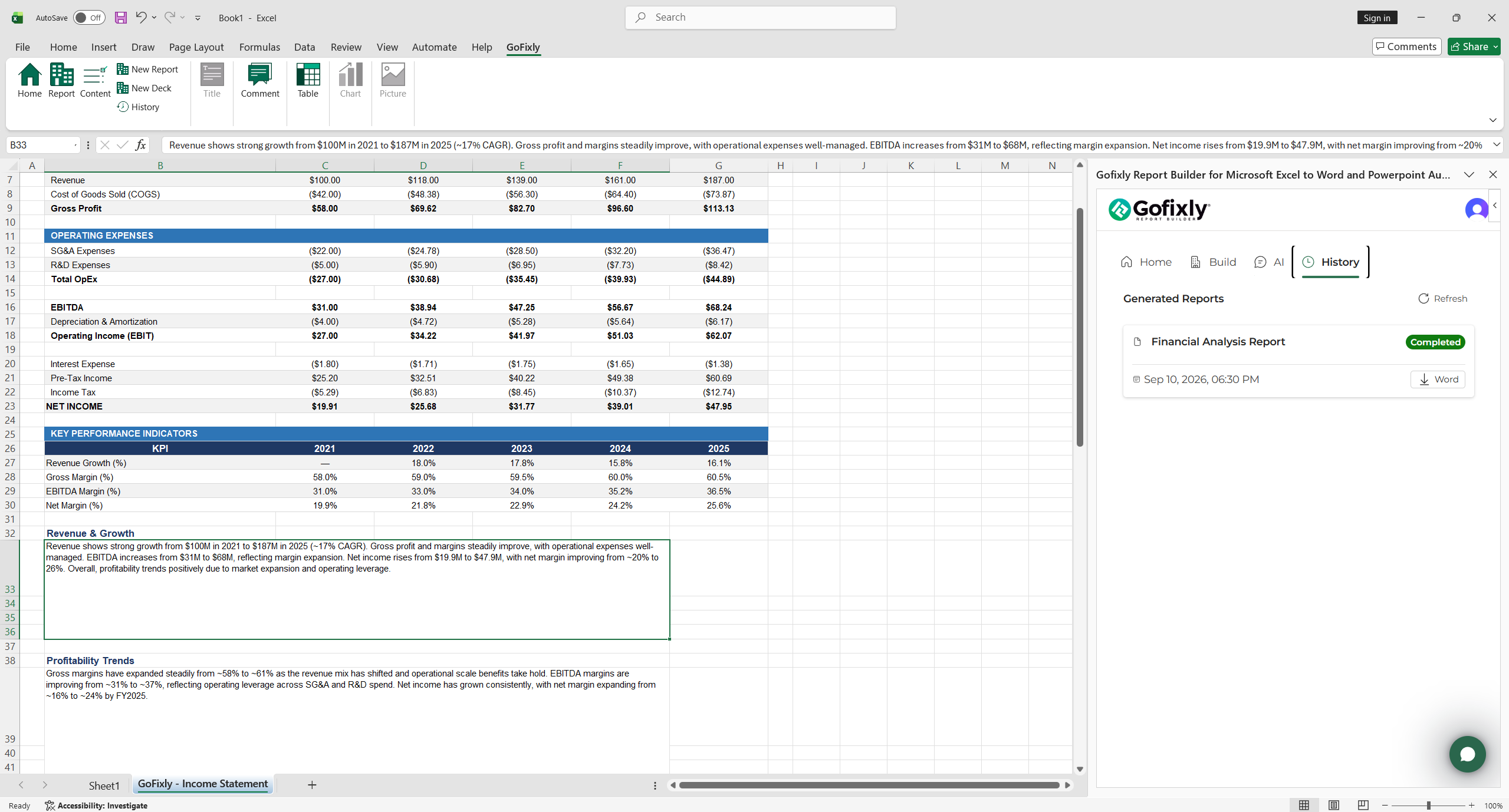 The GoFixly History tab listing completed report jobs, including Word and PowerPoint downloads plus an Executive Summary download